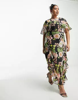 Черное шифоновое платье миди с оборкой по краю ASOS DESIGN Curve