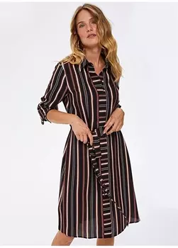 Черное стандартное женское платье с рубашечным воротником Faik Snmez