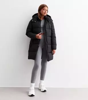 Черное стеганое пальто миди с капюшоном для девочек New Look, черный