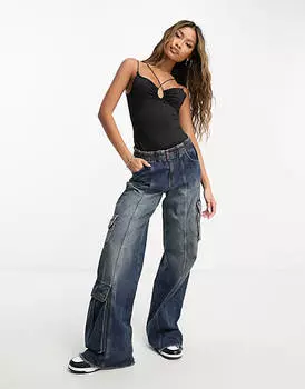 Черное суперэластичное боди с бретелями потертого цвета