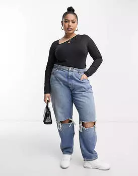 Черное суперэластичное боди с разрезным вырезом и длинными рукавами Threadbare Plus