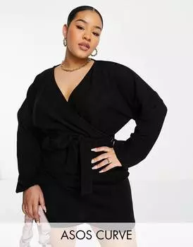 Черное супермягкое платье мини с объемными рукавами и запахом ASOS DESIGN Curve
