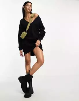 Черное супермягкое свободное платье мини с V-образным вырезом ASOS