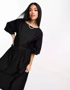 Черное свободное платье-футболка миди из поплина ASOS