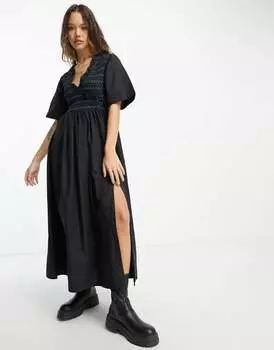 Черное свободное платье миди с хлопковыми сборками и запахом ASOS