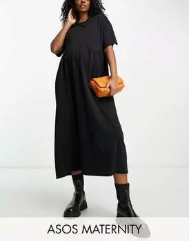 Черное свободное платье миди с короткими рукавами и строчкой ASOS DESIGN Maternity ASOS