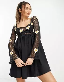 Черное свободное платье мини с объемным принтом и ромашками ASOS DESIGN