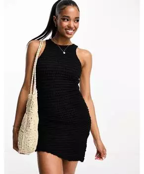 Черное текстурированное платье мини с рюшами по бокам Pull&Bear