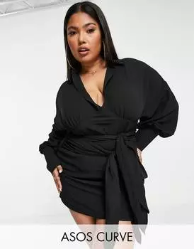 Черное текстурированное платье-рубашка мини с двойной завязкой ASOS DESIGN Curve