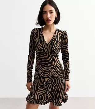 Черное тканое платье с длинными рукавами и принтом зебры New Look, черный