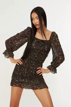 Черное тканое платье с квадратным воротником и деталью Gipe Trendyol, черный