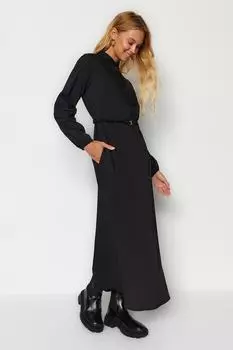 Черное тканое платье с поясом и высоким воротником Trendyol Modest, черный
