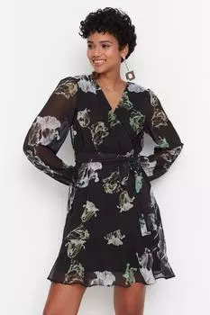 Черное тканое платье с поясом и узором Trendyol, черный