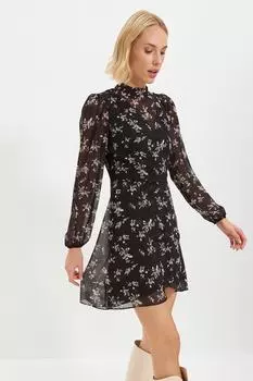 Черное тканое платье с высоким воротником и узором Trendyol, черный