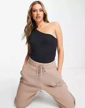 Черное трикотажное боди асимметричного кроя с потертостями Threadbare