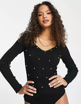 Черное трикотажное боди с вырезом сердцем из искусственного жемчуга New Look