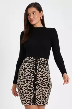 Черное трикотажное платье-джемпер с леопардовым принтом QUIZ Clothing