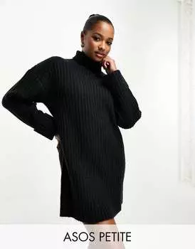 Черное трикотажное платье-джемпер с высоким воротником и высоким воротником ASOS DESIGN Petite