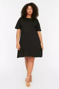 Черное трикотажное платье-футболка с воланами Trendyol, черный