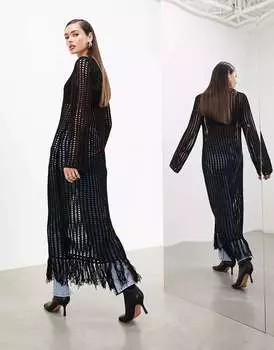 Черное трикотажное платье макси с длинными рукавами и кисточками ASOS