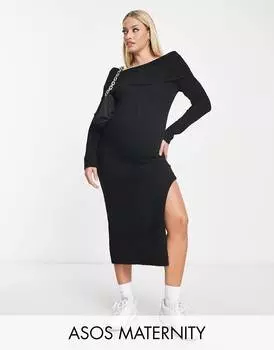 Черное трикотажное платье макси с открытыми плечами ASOS DESIGN Maternity