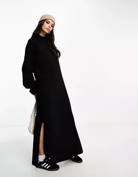 Черное трикотажное платье макси с воротником-воронкой и разрезом по бокам Miss Selfridge