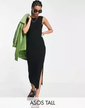 Черное трикотажное платье макси в рубчик с глубоким вырезом на спине ASOS DESIGN Tall