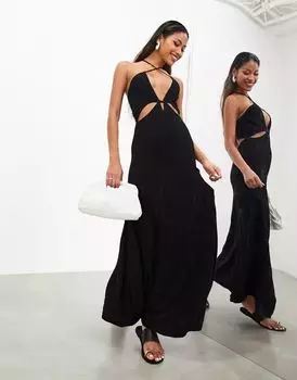 Черное трикотажное платье миди с бретелями и вырезами ASOS