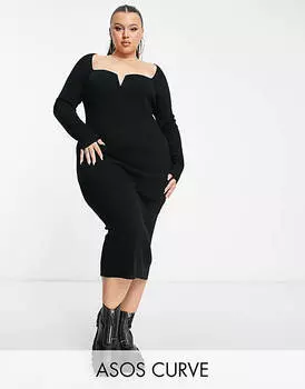 Черное трикотажное платье миди с глубоким вырезом ASOS DESIGN Curve