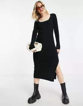 Черное трикотажное платье миди с квадратным вырезом ASOS DESIGN