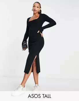 Черное трикотажное платье миди с квадратным вырезом ASOS DESIGN Tall