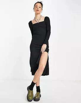 Черное трикотажное платье миди с квадратным вырезом Topshop