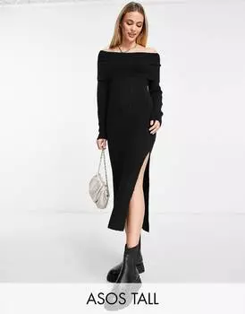 Черное трикотажное платье миди с открытыми плечами ASOS DESIGN Tall