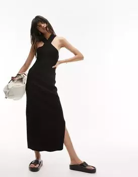 Черное трикотажное платье миди с перекрестным передом Topshop