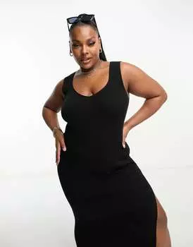 Черное трикотажное платье миди с v-образным вырезом ASOS DESIGN Curve