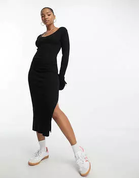 Черное трикотажное платье миди с v-образным вырезом в рубчик ASOS DESIGN