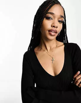 Черное трикотажное платье миди с v-образным вырезом в рубчик ASOS DESIGN Tall