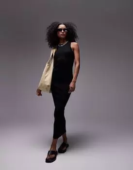 Черное трикотажное платье миди с воротником-борцовкой Topshop