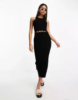 Черное трикотажное платье миди с вырезом на талии ASOS