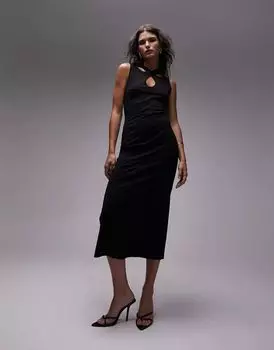 Черное трикотажное платье миди с вырезом крест-накрест Topshop