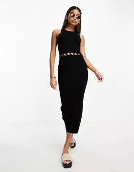 Черное трикотажное платье миди с вырезом на талии ASOS DESIGN