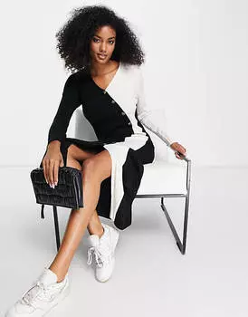 Черное трикотажное платье миди с запахом и пуговицами River Island