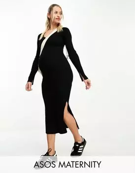 Черное трикотажное платье миди в рубчик с V-образным вырезом ASOS DESIGN Maternity