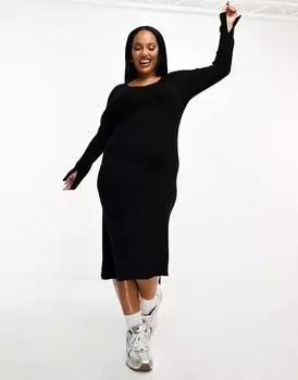 Черное трикотажное платье миди в рубчик с V-образным вырезом ASOS DESIGN Curve