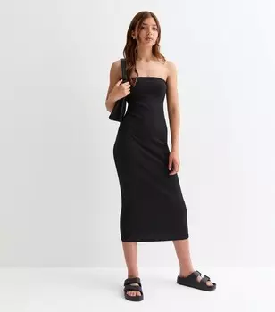 Черное трикотажное платье миди в рубчик бандо для девочек New Look, черный