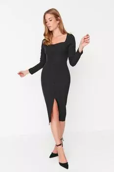 Черное трикотажное платье на пуговицах Trendyol, черный