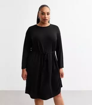 Черное трикотажное платье с кулиской и длинными рукавами Curves New Look, черный