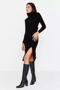 Черное трикотажное платье с высоким воротником и разрезом Trendyol, черный