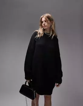 Черное трикотажное платье в рубчик с круглым вырезом Topshop