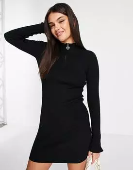 Черное трикотажное платье в рубчик с вырезом-трубой Miss Selfridge